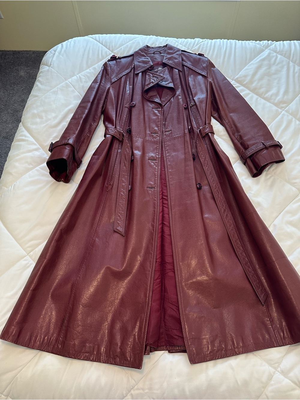 Vintage Ettiene Aigner Long Burgundy Leather Trench Coat